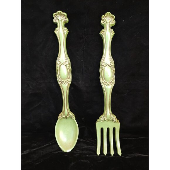 Vintage Green Ceramic Spoon & Fork Wall Decor Set With Ornate Details - Picture 1 of 8